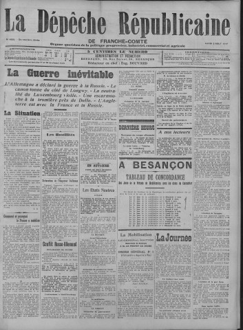 03/08/1914 - La Dépêche républicaine de Franche-Comté [Texte imprimé]