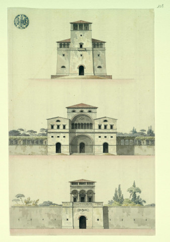 Trois villas (Viterbe, Buonconvento et Sutri) [Vue perspective ou élévation ?] / Pierre-Adrien Pâris , [S.l.] : [P.-A. Pâris], [1700-1800]