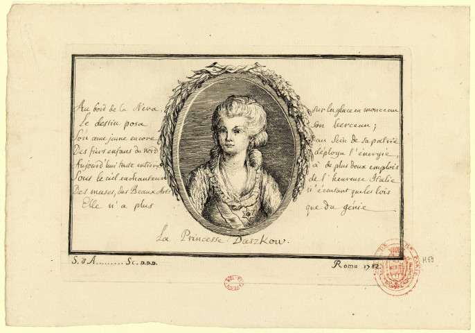 Portrait de la Princesse d'Aszkow [Image fixe] / [signé] S. d'A .... sc.D.D.D. Roma 1782 , Roma, 1782