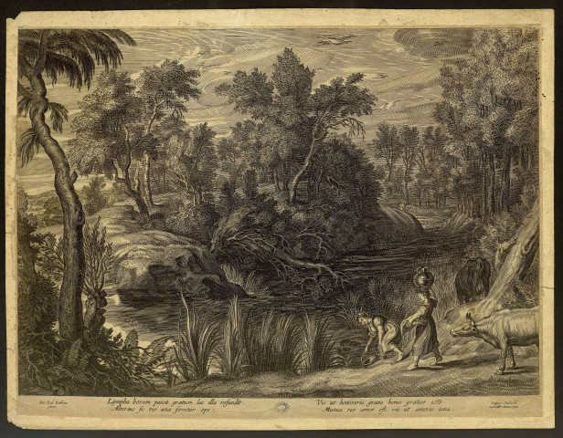 [Paysage avec deux femmes qui vont chercher de l'eau à la rivière et deux boeufs] [image fixe] / Pet. Paul. Rubbens pinxit ; Gaspar Huberti excudit Antuerpiae , 1772/1827