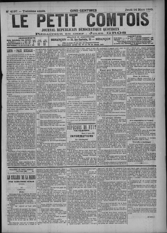 14/03/1895 - Le petit comtois [Texte imprimé] : journal républicain démocratique quotidien