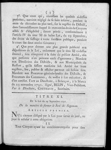 Arrêté du Directoire du département du Doubs, pour la formation du juré et jugement. Du 23 novembre 1791