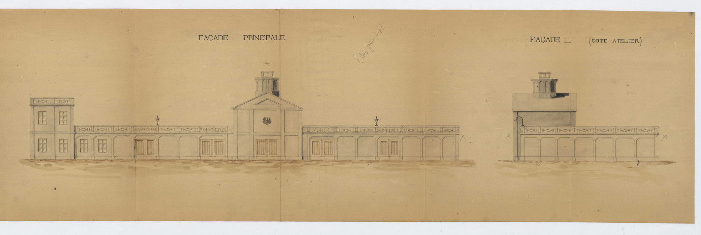 Sapeurs-pompiers : Bâtiments (1923-1926) : projet de construction d'une remise de pompes et de machines automobiles ; Projet de construction d'une caserne de pompiers, magasins, ateliers et hangars pour les services des eaux et de la voirie ; Projet de bâtiment : garage, caserne (plan)
