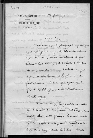 Ms 2001 - Correspondance concernant le square archéologique de Besançon, 1870-1875.