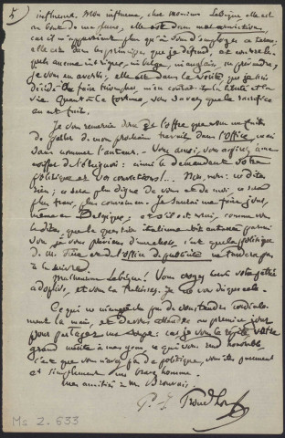 Ms Z 633 - Pierre-Joseph Proudhon. Lettre à l'éditeur belge Alphonse Lebègue. Paris, 19 novembre 1862.