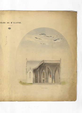 Eglise Saint-Claude, projet de construction, façade principal et coupe : plans en couleurs dressés le 30 juillet 1874 (entoilés).