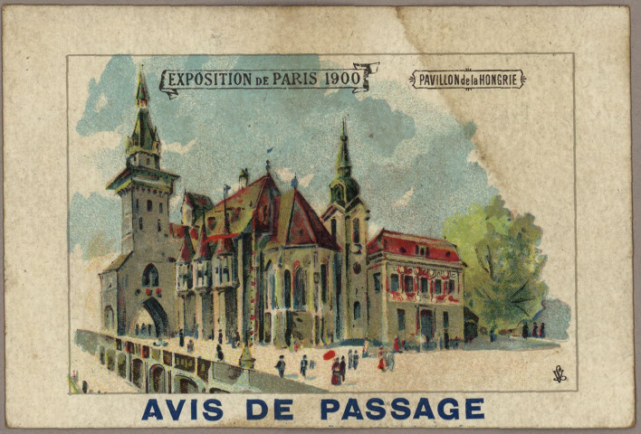 Avis de passage publicitaires de Melcot & Huret, Mercerie, Chaussures, fabrication spéciale de bonneterie, 1bis rue des Granges - 2 rue de Glères au verso, comprenant différentes images de l'exposition universelle de Paris 1900 au recto (10 cartes) : - Pavillon des Etats-Unis.
- Palais de l'électricité.
- Pavillon de la Hongrie.
- Pavillon de l'Espagne.
- Palais du mobilier et des industries diverses.
- Fêtes vénitiennes sur la Seine.
- Pavillon de la Finlande.
- Trottoir roulant.
- Pavillon de la Grèce.
- Pavillon de l'Allemagne.