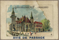 Avis de passage publicitaires de Melcot & Huret, Mercerie, Chaussures, fabrication spéciale de bonneterie, 1bis rue des Granges - 2 rue de Glères au verso, comprenant différentes images de l'exposition universelle de Paris 1900 au recto (10 cartes) : - Pavillon des Etats-Unis.
- Palais de l'électricité.
- Pavillon de la Hongrie.
- Pavillon de l'Espagne.
- Palais du mobilier et des industries diverses.
- Fêtes vénitiennes sur la Seine.
- Pavillon de la Finlande.
- Trottoir roulant.
- Pavillon de la Grèce.
- Pavillon de l'Allemagne.