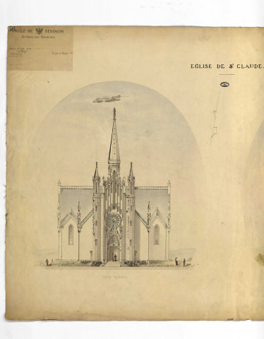 Eglise Saint-Claude, projet de construction, façade principal et coupe : plans en couleurs dressés le 30 juillet 1874 (entoilés).