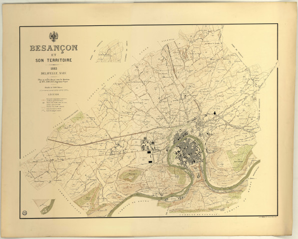 Plan de la ville de Besançon et son territoire au 1/20 000e, dit "plan Delavelle" (nom du maire), réalisé par l'ingénieur Voyer sous la direction de L. Rouzet.