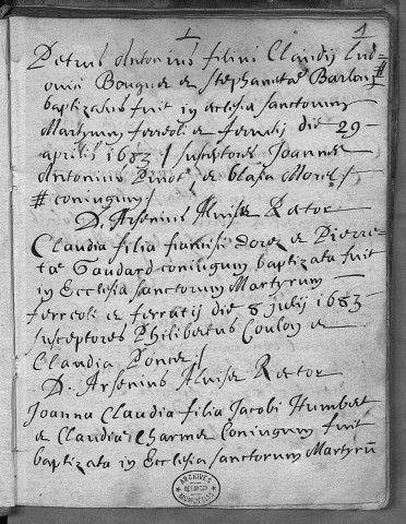 Paroisse de Saint Ferjeux : baptêmes (naissances) (29 avril 1683 - 1er février 1707), sépultures (décès) (juillet 1684 - 2 mai 1703)