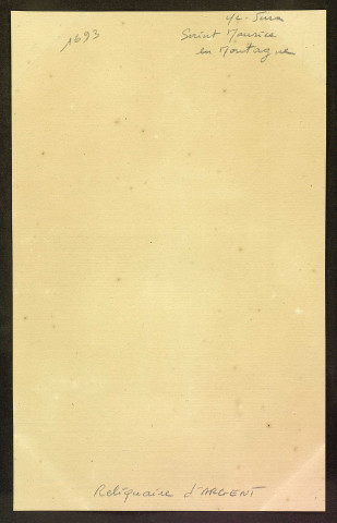 Saint-Maurice-en-Montagne (Jura). Reliquaire d'argent doré et guilloché représentant saint Maurice, chef de la légion Thébaine, en armure du XVIe siècle. Reliquaire exécuté en 1616 par Perrey , [S.l.] : [s.n.], [s.d.]