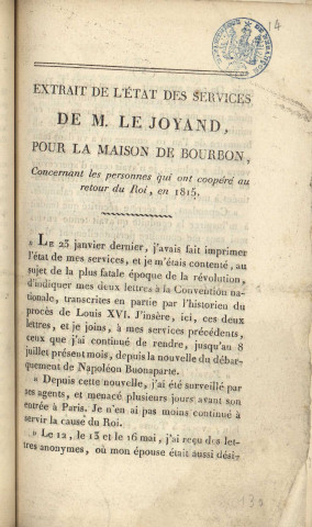 Extrait de l'état des services de M. Le Joyand, pour maison de Bourbon, concernant les personnes qui ont coopéré au retour du Roi, en 1815 [Texte imprimé] /