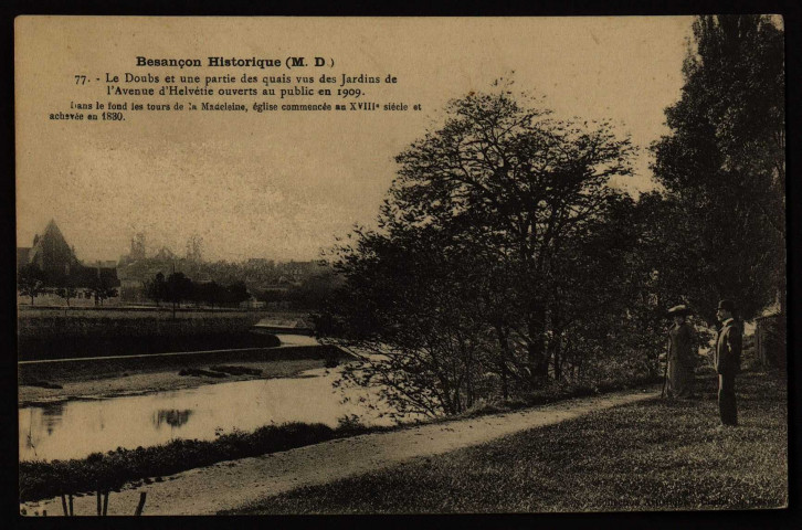 Le Doubs et une partie des quais vue des jardins de l'Avenue d'Helvétie ouverte au public en 1909 [image fixe] , Besançon : Cliché Ch. Leroux, 1910/1930