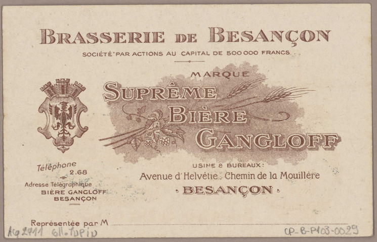 Brasserie de Besançon. Suprême Bière Gangloff [image fixe] , Paris : Imp. Isidore Lang & Cie, 1909/1930