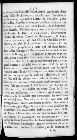 Lettres patentes du roi, statuts et règlemens [règlements] concernant l'établissement de l'Académie des sciences, belles-lettres et arts en la ville de Besançon, avec l'état contenant les noms de MM. les académiciens et l'arrêt de la cour pour l'enregistrement d'icelles