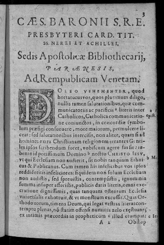 Caes. Baronii S. R. E. presbyteri card. tit. ss. Nerei et Achillei sedis apostolicae bibliothecarii Parenaesis ad Rempublicam Venetam