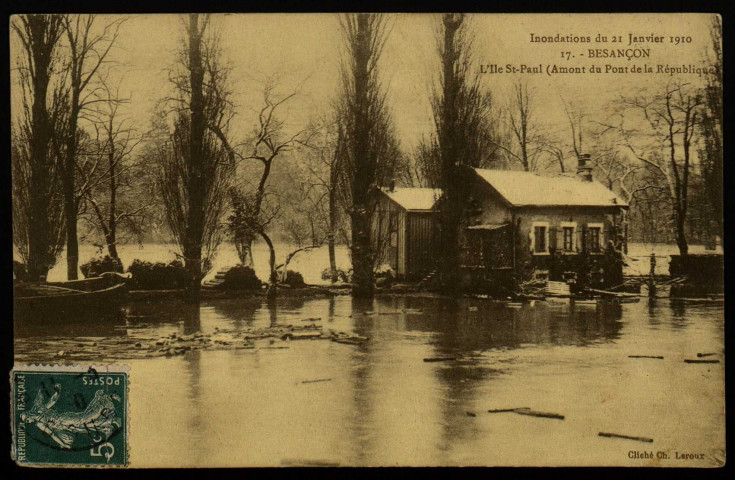 Besançon - Inondations de Janvier 1910 - L'Ile St-Paul (Amont du Pont de la République). [image fixe] , 1904/1910