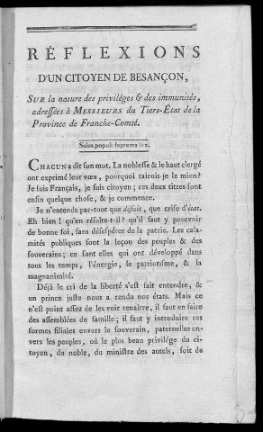 Réflexions d'un citoyen de Besançon sur les privilèges et immunités de la noblesse par M. L. D. W. [Lécureux des Corraux]