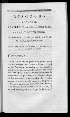 Discours prononcé à la fête de la Reconnoissance par le citoyen Droz, à Besançon le dix prairial an dixième...