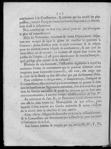 Arrêté en forme d'instruction du Directoire du département du Doubs, pour l'exécution de la loi du 25 janvier dernier relative au mode de recrutement et engagement des troupes de ligne de l'armée française, à la séance du 5 février 1792, l'an 4e de la liberté