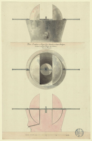 Plan, élévation et coupe d'un moulin à bras antique destiné à extraire l'huile des olives, trouvé à Pompéi / Pierre-Adrien Pâris , [S.l.] : [P.-A. Pâris], [1700 - 1800]