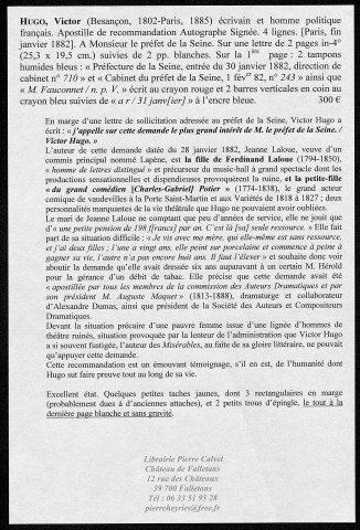 Ms Z 791 - Victor Hugo. Apostille de recommandation sur une lettre. 1882