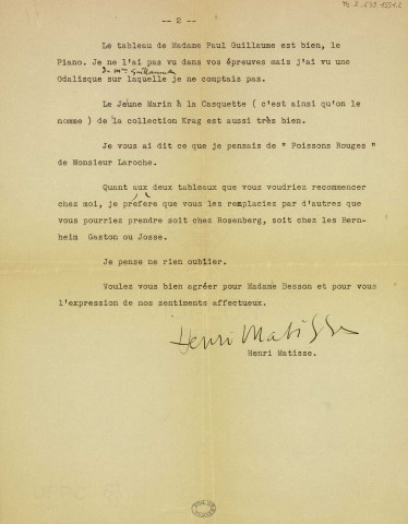 Ms Z 639-1551 - Lettre de Henri Matisse adressée à George Besson, datée du 10 novembre 1938.