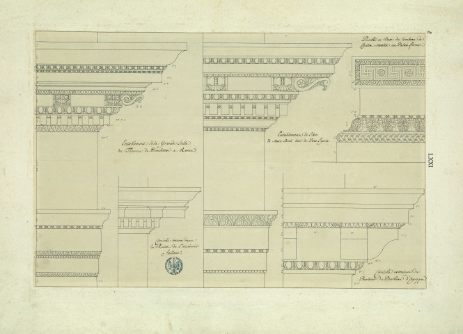 Entablements, corniches et autres détails antiques : entablement de la grande salle des thermes de Dioclétien à Rome ; corniche trouvée dans les ruines de l'ancienne sallerie (?) ; entablement de l'Arc de Marc-Aurèle, tiré de Pirro Ligorio ; plinthe et base du tombeau de Cecilia Metella au palais Farnèse ; corniche extérieure du pourtour du Panthéon d'Agrippa / Pierre-Adrien Pâris , [S.l.] : [P.-A. Pâris], [1700-1800]