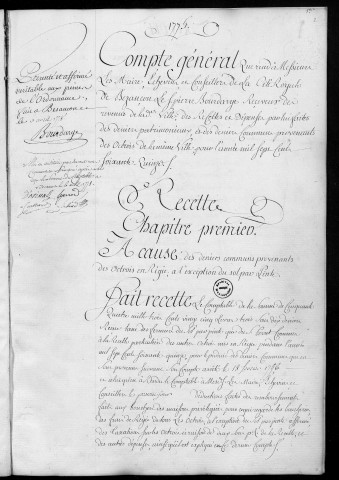 Comptes de la Ville de Besançon, recettes et dépenses, Compte de Pierre Bourdarye (1775)