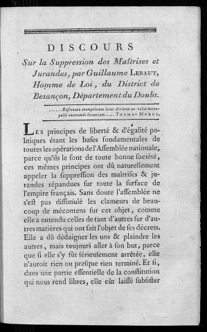 Discours sur la suppression des maîtrises et jurandes par Guillaume Lebaut, homme de loi, du district de Besançon, département du Doubs...