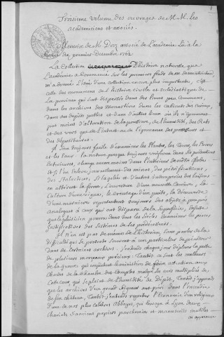 Ms Académie 7 - Ouvrages des membres de l'Académie de Besançon. Troisième volume. (1er décembre 1762-11 novembre 1772)