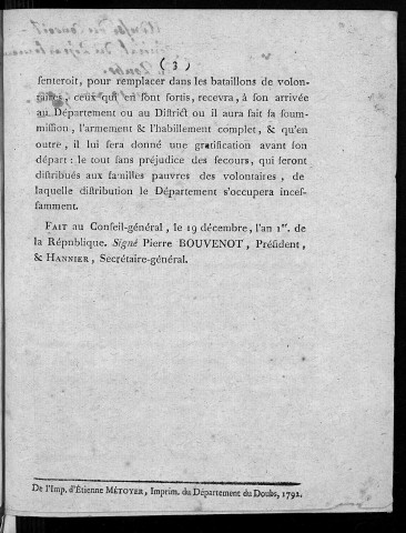 Adresse du Conseil général du département du Doubs à ses concitoyens. Du jeudi 19 décembre 1792, l'an 1er de la République française
