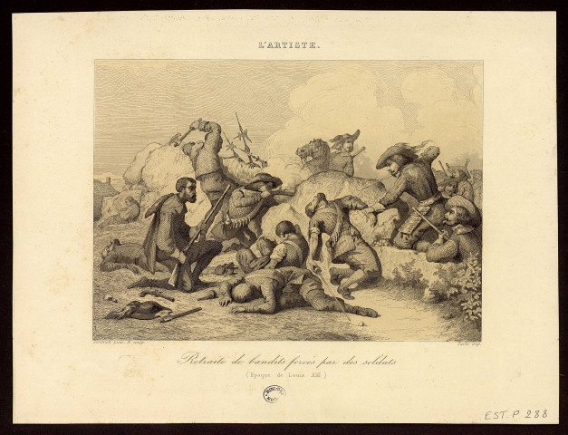 Retraite de bandits forcés par des soldats (Epoque de Louis XIII) [image fixe] / Elmerich pinx. & sculp. ; Tarlé imp. , [Paris, 1842]