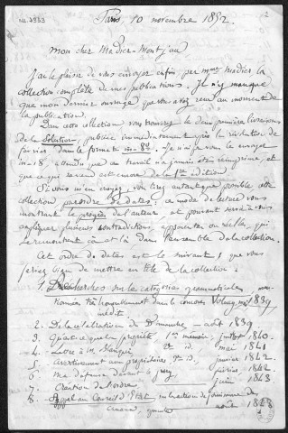 Ms 2939 : Tome VI - Lettres et brouillons de lettres envoyées par P.-J. Proudhon : Madier à Mutz