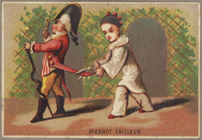 Avis de passage publicitaire de C.E. Kolb médecin - dentiste, 7 rue des Chambrettes, Besançon, imp H. Bataille. 18. R. Chabrol. Paris au verso, comprenant une image de Pierrot tailleur au recto (1 carte).
