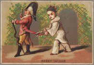 Avis de passage publicitaire de C.E. Kolb médecin - dentiste, 7 rue des Chambrettes, Besançon, imp H. Bataille. 18. R. Chabrol. Paris au verso, comprenant une image de Pierrot tailleur au recto (1 carte).