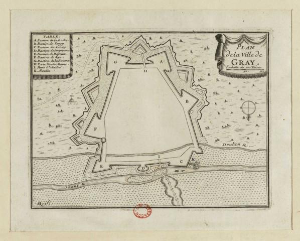 Plan de la ville de Gray [estampe] : échelle de 100 thoises / R.D. , [S.l.] : [s.n.], [1700-1799]