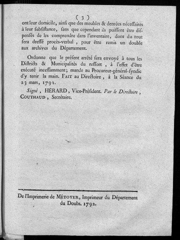 Arrêté du Directoire du département du Doubs, concernant les biens des émigrés. Du 23 mars 1792..