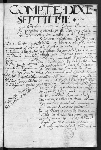 Comptes de la Ville de Besançon, recettes et dépenses, Compte de François Morel (1er juin 163 - 31 mai 1664)