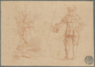 Deux pèlerins : à gauche pèlerin à genoux avec Cupidon ; à droite pèlerin vu de dos, son bourdon dans la main droite , [S.l.], 1710/1715