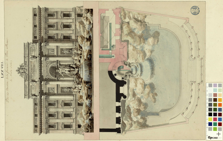 Plan et élévation de la fontaine de Trévi à Rome de Nicolas Salvi / Pierre-Adrien Pâris , [S.l. : Rome] : [P.-A. Pâris], [1772]