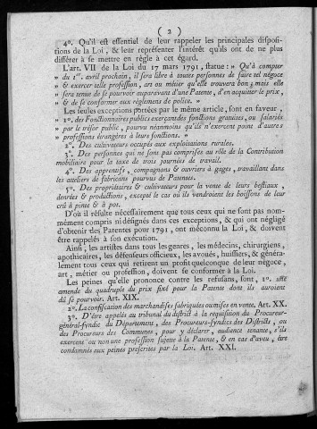 Arrêté du Directoire du département du Doubs, sur l'exécution de la loi du 17 mars 1791, concernant l'établissement des patentes et celle du 6 octobre, qui y est relative. A la séance du 9 février 1792, l'an 4e de la liberté