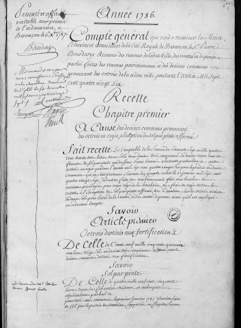 Comptes de la Ville de Besançon, recettes et dépenses, Compte de Pierre Bourdarye (1786)