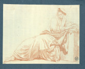 Femme assise : les deux bras reposant sur un même bloc de pierre, les jambes à demi-allongées ; assise de profil à gauche, le visage regardant à terre, penché de trois-quarts avant gauche / Alisart , [S.l.] : [Alisart], [1700-1800]