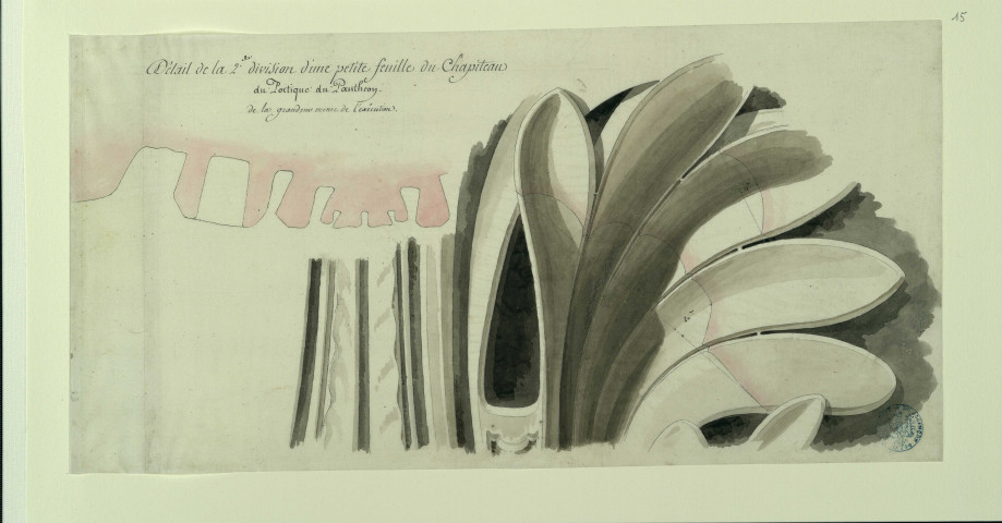Détails de la 2ème division d'une petite feuille du chapiteau du portique du Panthéon, de la grandeur même de l'exécution / Pierre-Adrien Pâris , [S.l.] : [P.-A. Pâris], [1700 -1800]