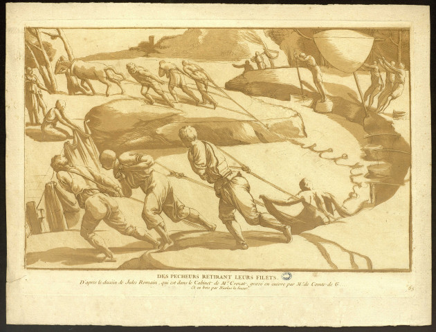 Des pêcheurs retirant leurs filets [image fixe] / D'après le dessein de Jules Romain, qui est dans le cabinet de Mr. Crozat, gravé en cuivre par le Comté de C.... et en bois par Nicolas le Sueur , 1712/1765