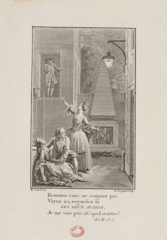 Gravure pour l'acte II scène 7 des "Deux avares" de Fenouillot de Falbaire [image fixe] / H. Gravelot inv. De Longueil sculp. , Paris, 1775/1785
