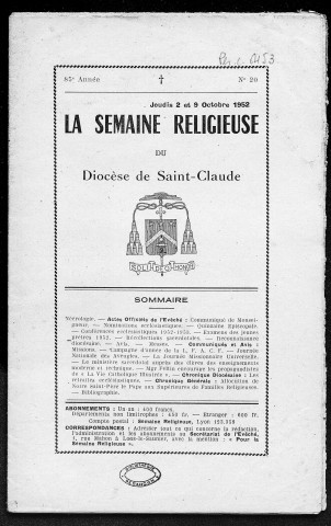 02/10/1952 - La Semaine religieuse du diocèse de Saint-Claude [Texte imprimé]