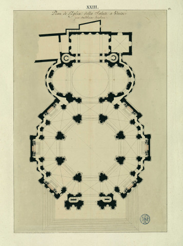 Plan de l'église della Salute à Venise, par Balthazar Longhena / Pierre-Adrien Pâris , [S.l.] : [P.-A. Pâris], [1700-1800]